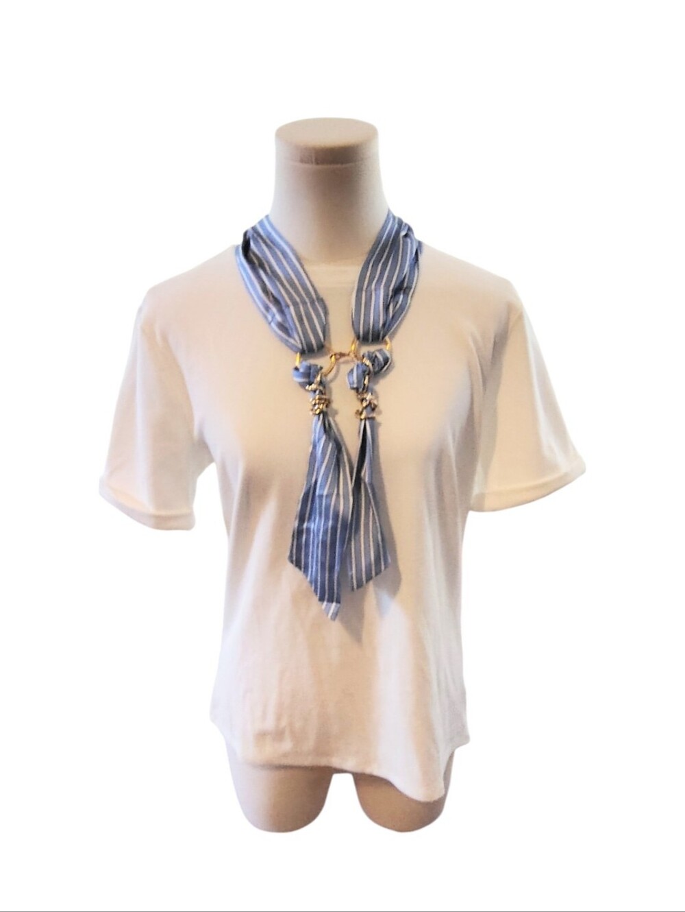 Philosophy White Ribbed Blouse With Striped Neck Scarf Gold Decor Size Large